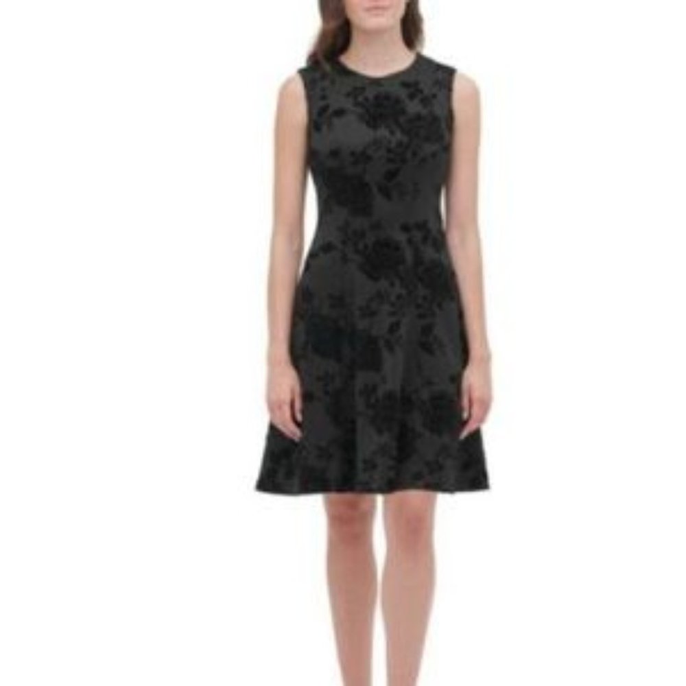 Tommy Hilfiger Black Velvet-Flocked Shadow Floral Scuba Dress - 14